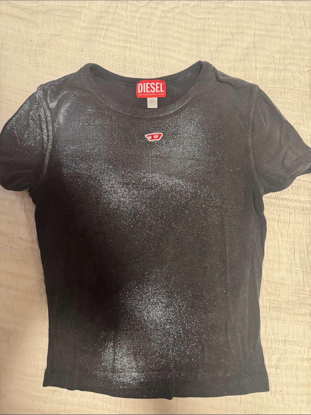 Diesel Black Glitter Short Sleeve Crop Top with Red Logo - Picture 1 of 6